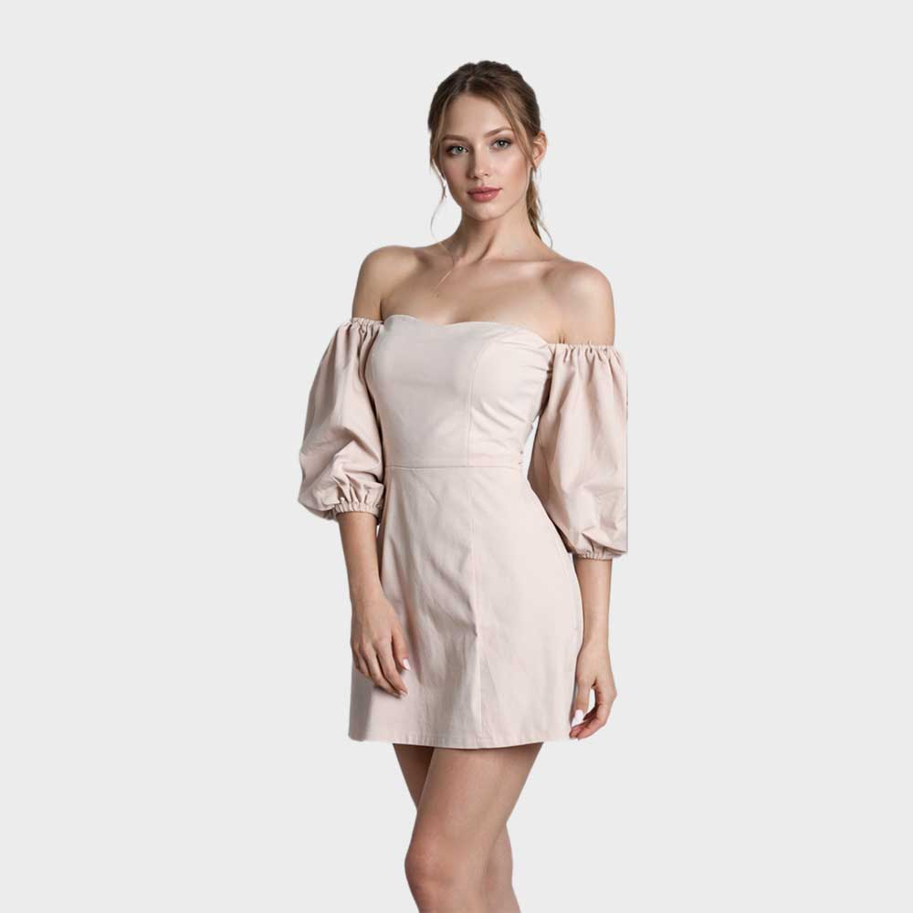 Off-Shoulder-Puff-Sleeve-bege–Mini-dress_pose_1