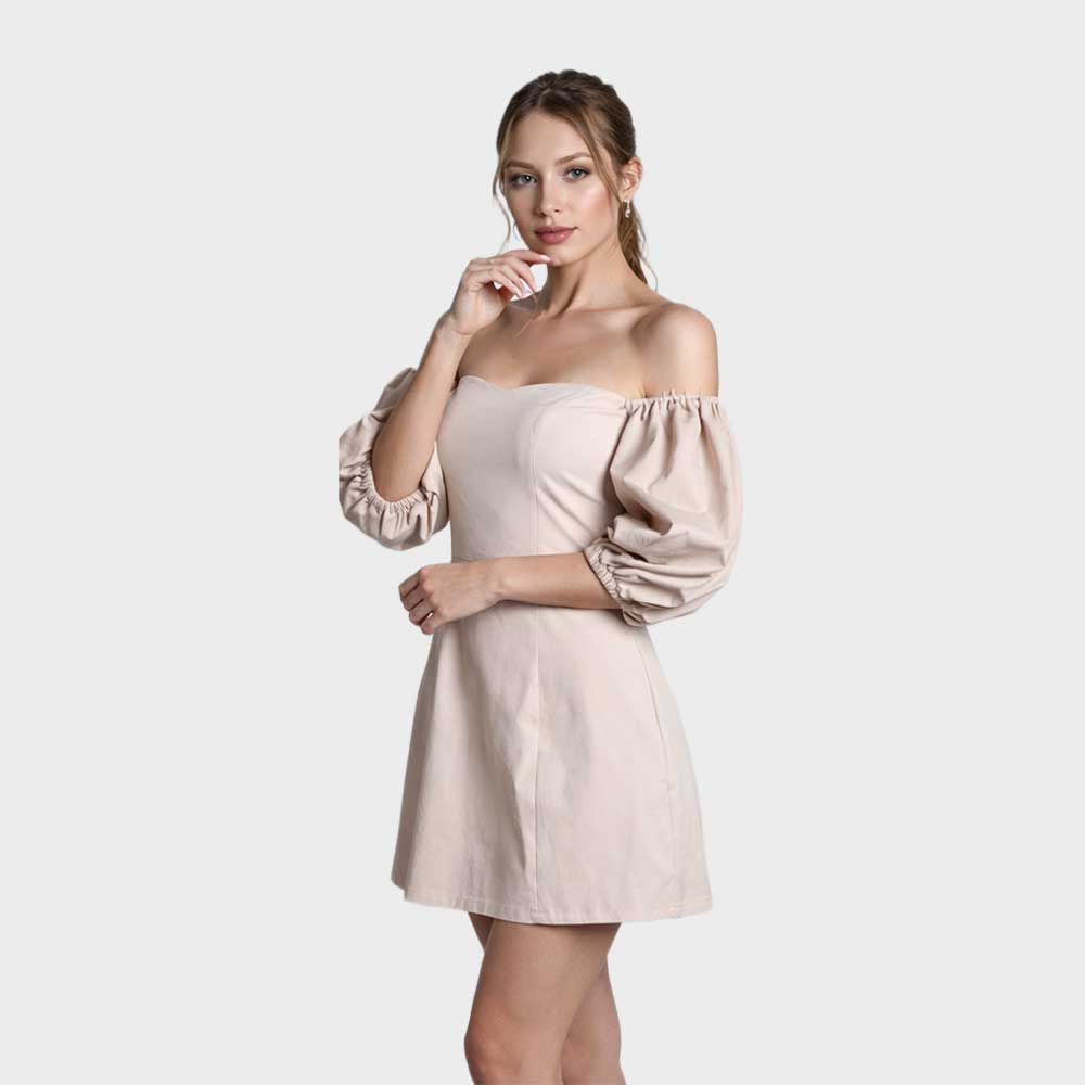 Off-Shoulder-Puff-Sleeve-bege–Mini-dress_pose_2